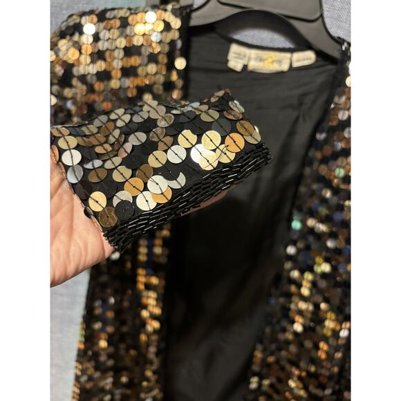 Vintage Oleg Cassini Sequin Jacket Womens S Small Silk Gold Silver Beaded EUC - Picture 5 of 7